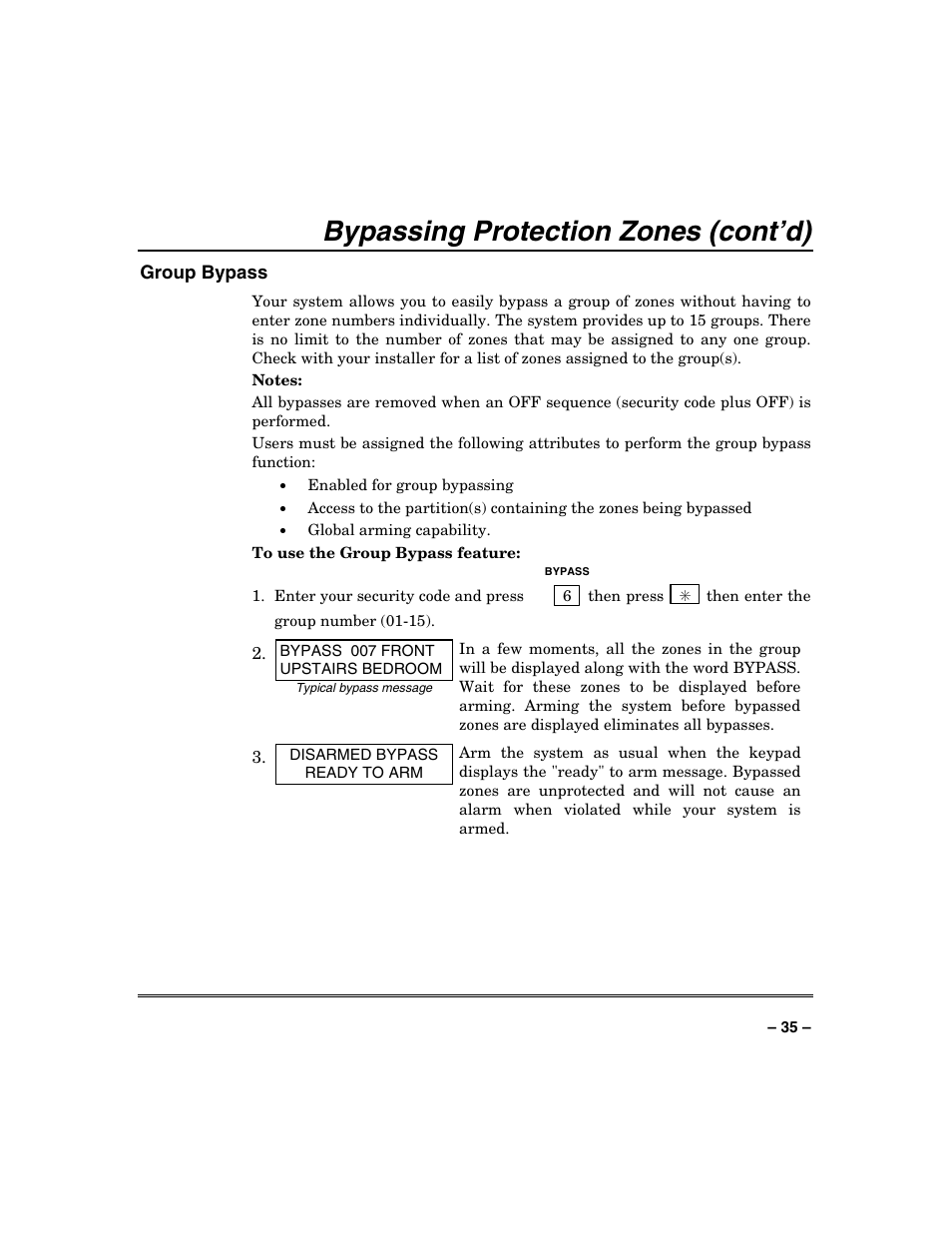 Bypassing protection zones (cont’d) | Honeywell VISTA-250BP User Manual | Page 35 / 80