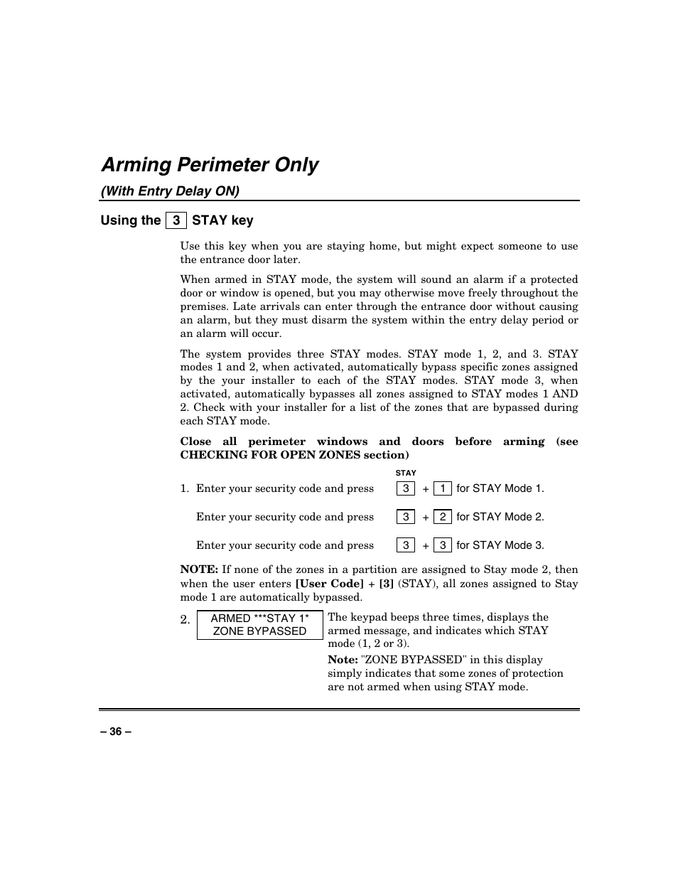 Arming perimeter only, With entry delay on) | Honeywell VISTA-250BP User Manual | Page 36 / 80