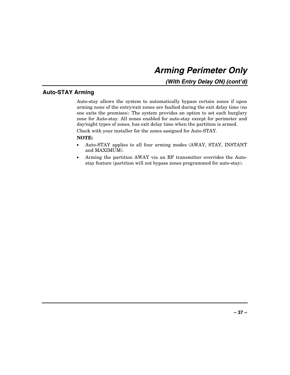 Arming perimeter only | Honeywell VISTA-250BP User Manual | Page 37 / 80