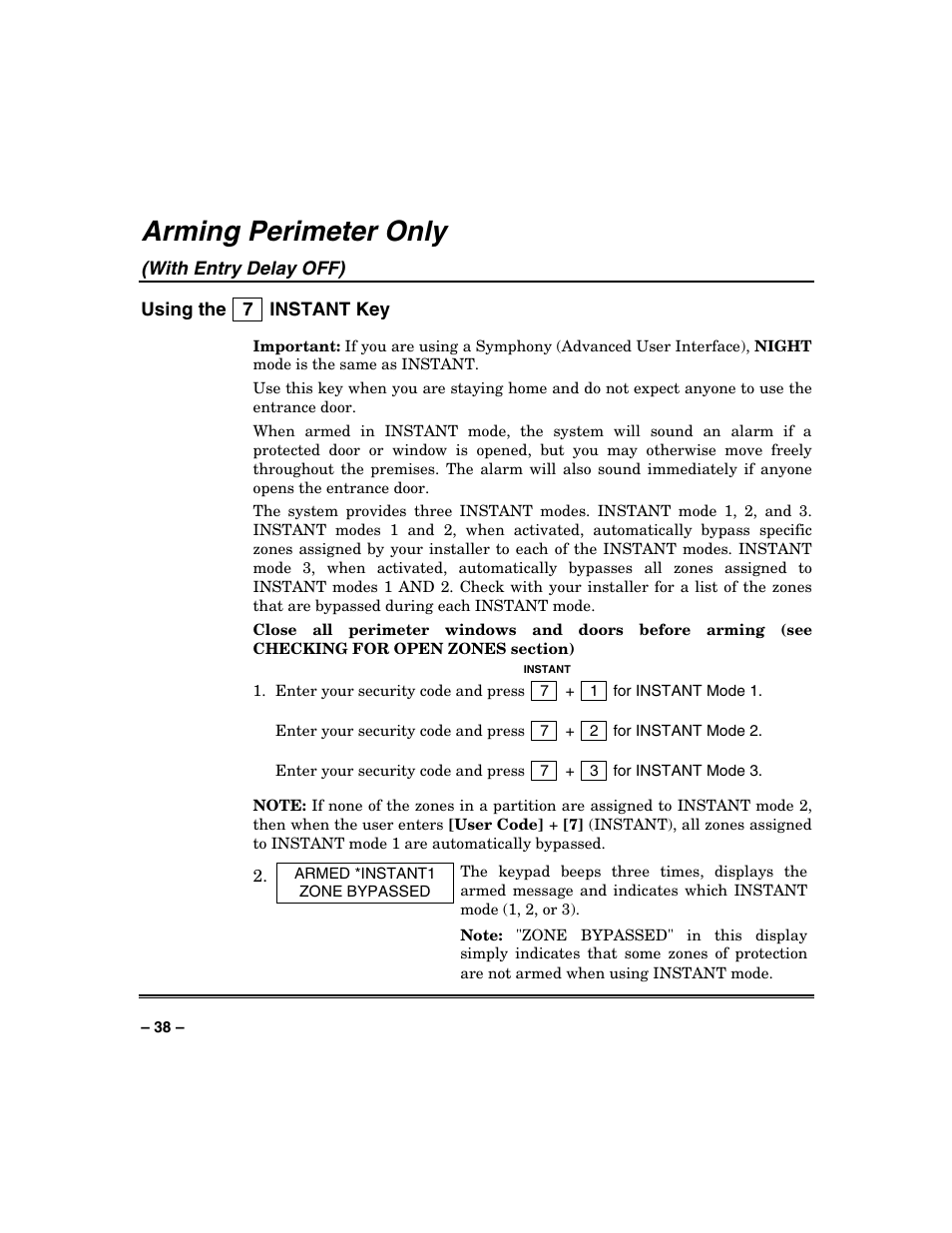 Arming perimeter only, With entry delay off) | Honeywell VISTA-250BP User Manual | Page 38 / 80