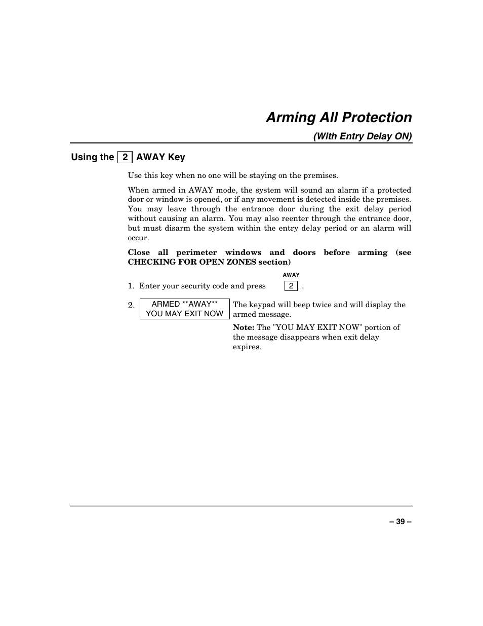 Arming all protection, With entry delay on) | Honeywell VISTA-250BP User Manual | Page 39 / 80