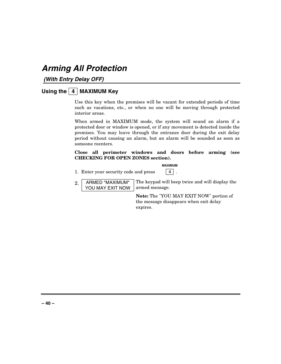 Arming all protection, With entry delay off) | Honeywell VISTA-250BP User Manual | Page 40 / 80