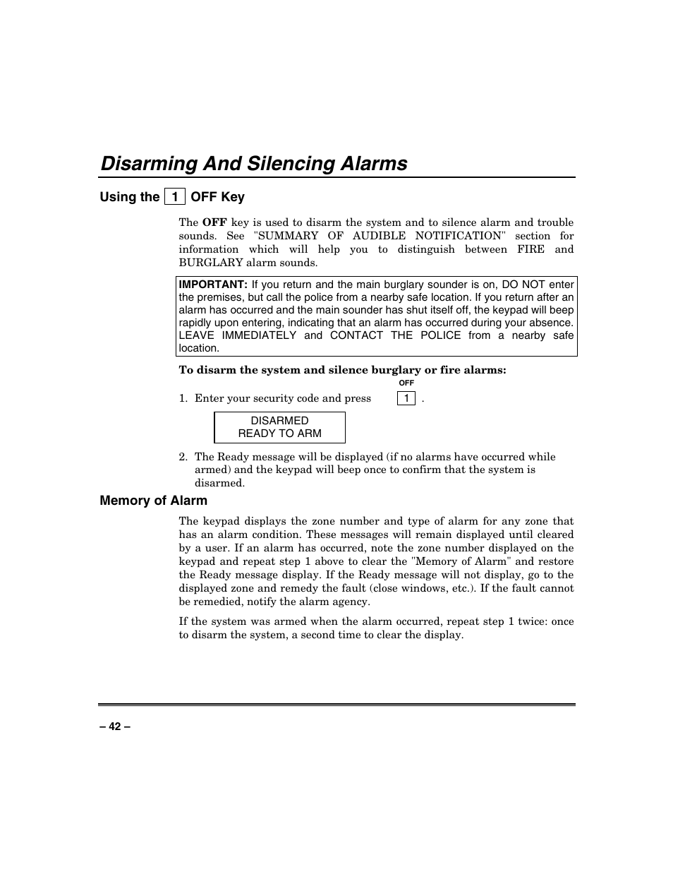 Disarming and silencing alarms | Honeywell VISTA-250BP User Manual | Page 42 / 80