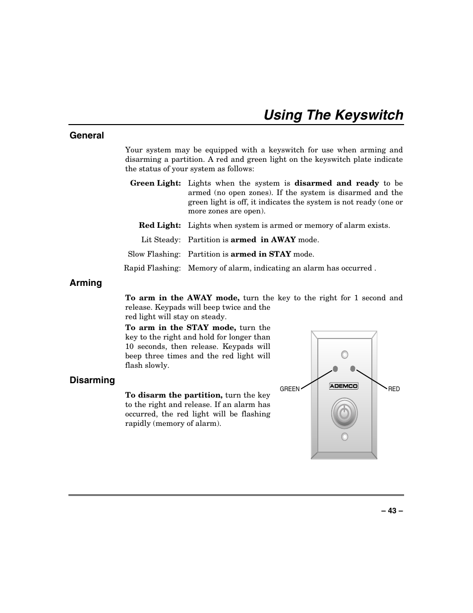 Using the keyswitch | Honeywell VISTA-250BP User Manual | Page 43 / 80