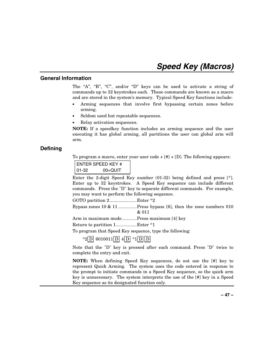 Speed key (macros) | Honeywell VISTA-250BP User Manual | Page 47 / 80