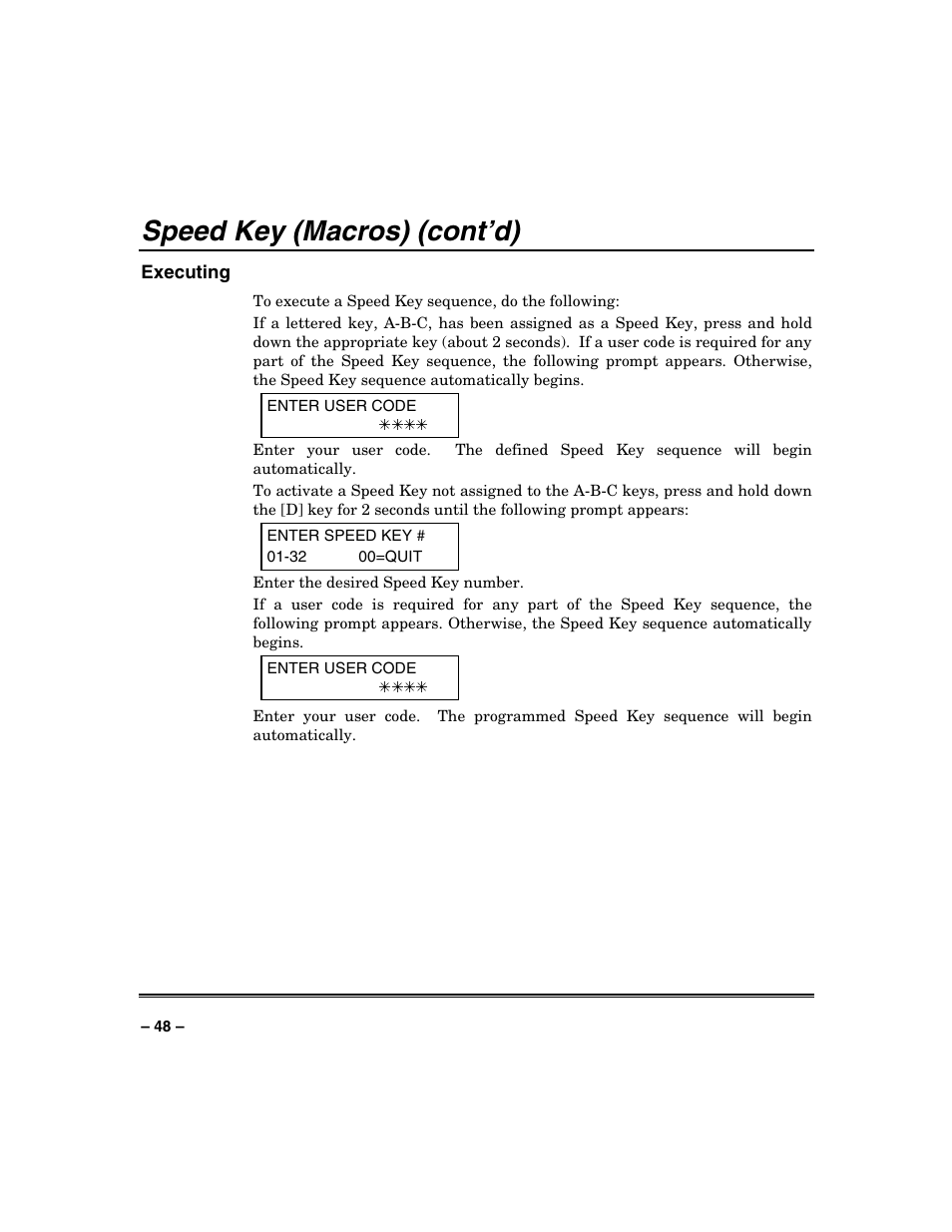 Speed key (macros) (cont’d) | Honeywell VISTA-250BP User Manual | Page 48 / 80