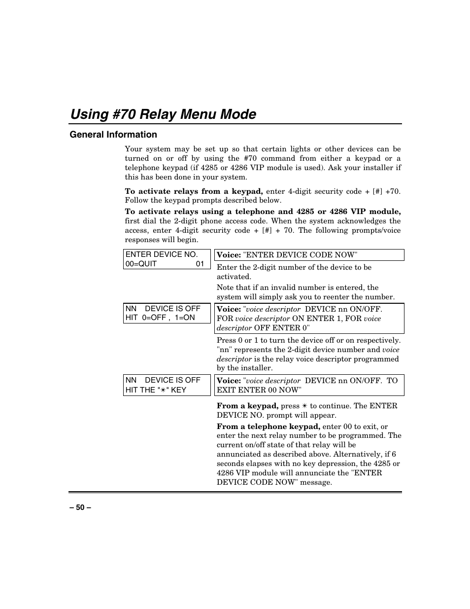 Using #70 relay menu mode | Honeywell VISTA-250BP User Manual | Page 50 / 80