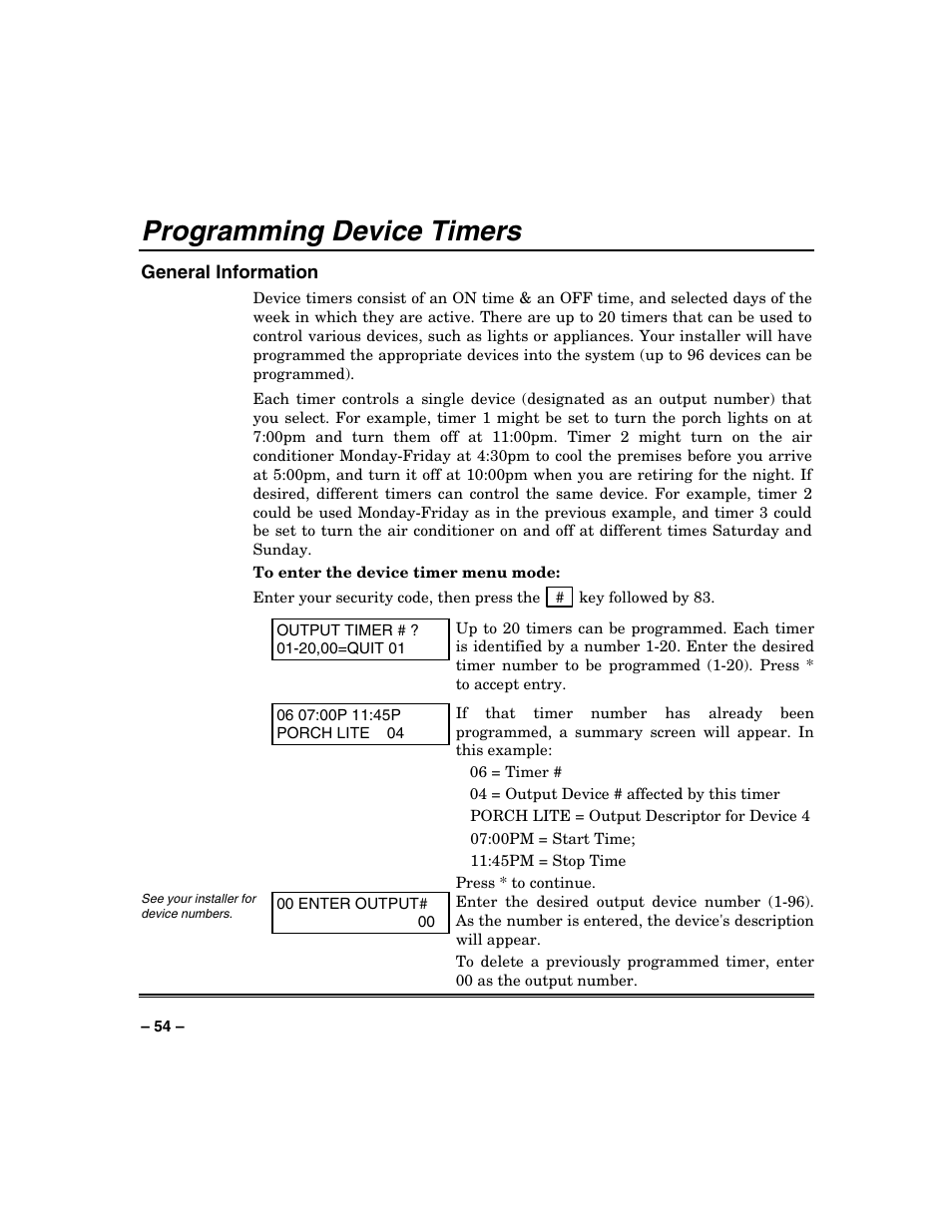 Programming device timers | Honeywell VISTA-250BP User Manual | Page 54 / 80