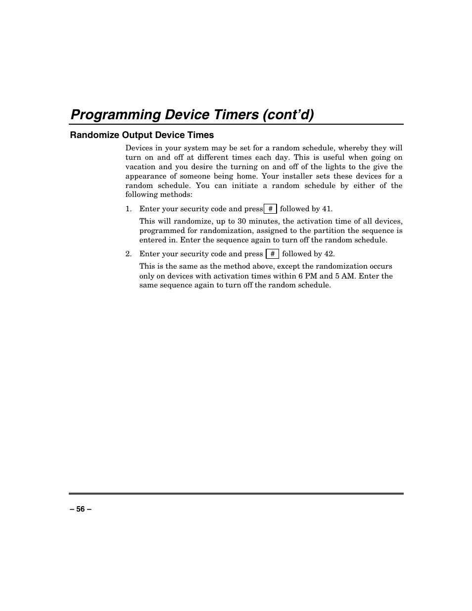 Programming device timers (cont’d) | Honeywell VISTA-250BP User Manual | Page 56 / 80