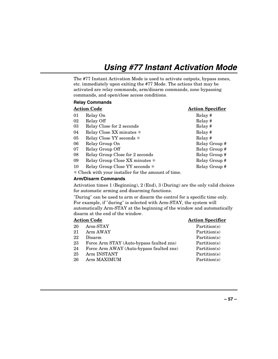 Using #77 instant activation mode | Honeywell VISTA-250BP User Manual | Page 57 / 80