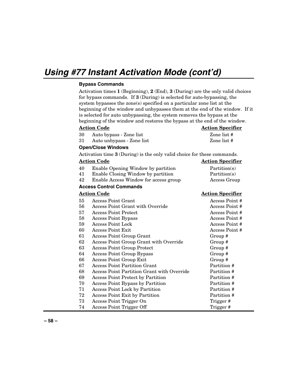 Using #77 instant activation mode (cont’d) | Honeywell VISTA-250BP User Manual | Page 58 / 80