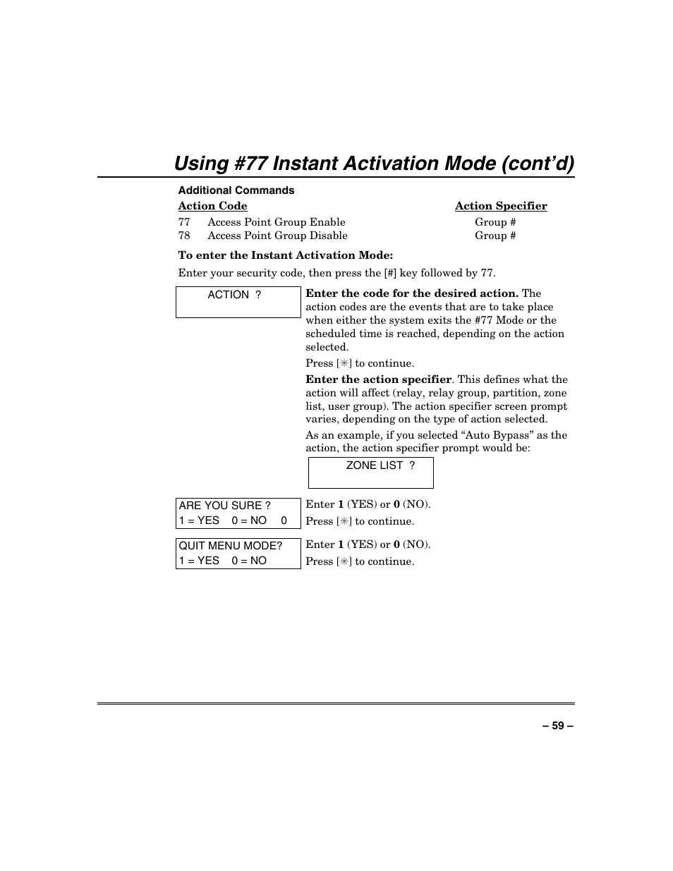 Using #77 instant activation mode (cont’d) | Honeywell VISTA-250BP User Manual | Page 59 / 80