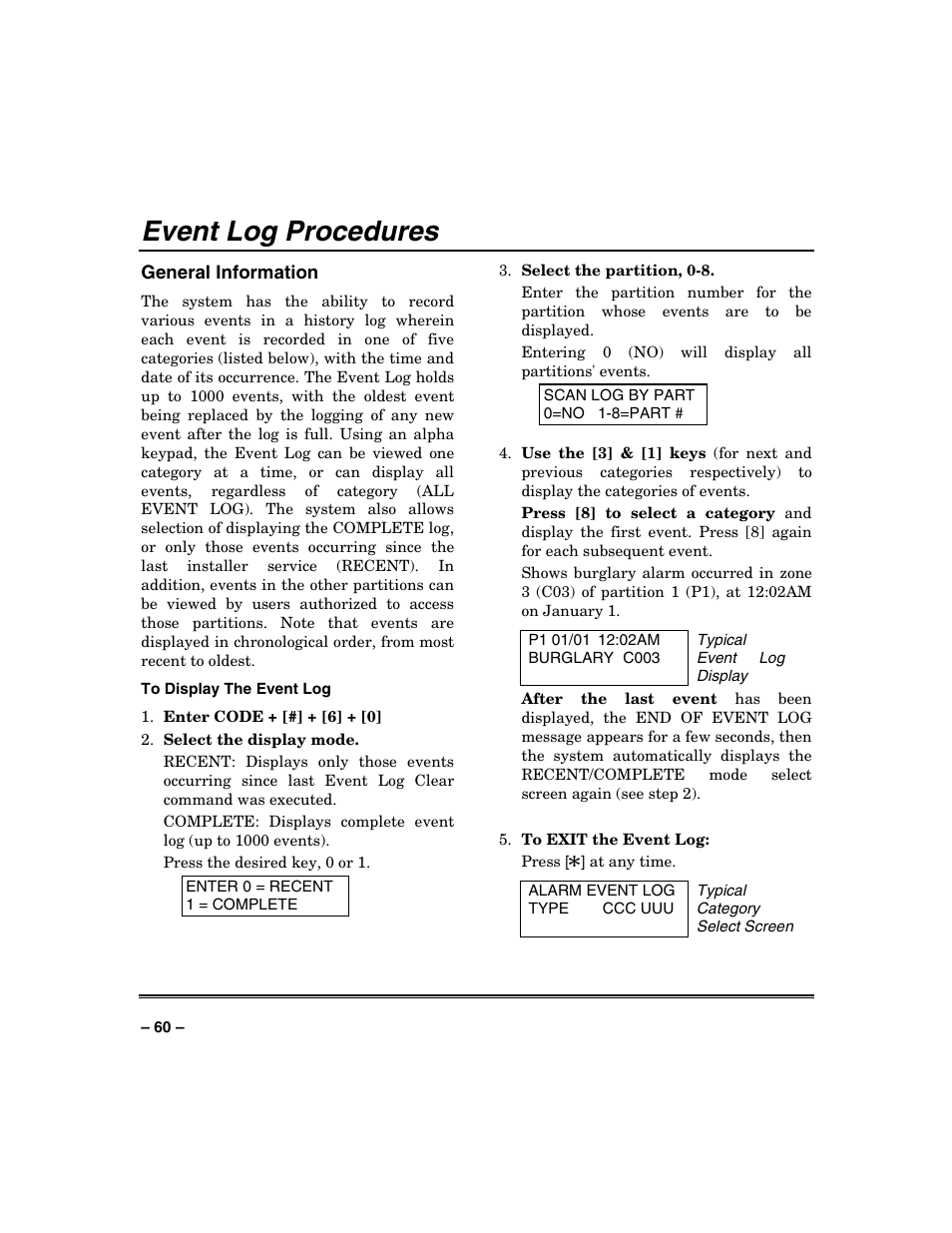 Event log procedures | Honeywell VISTA-250BP User Manual | Page 60 / 80