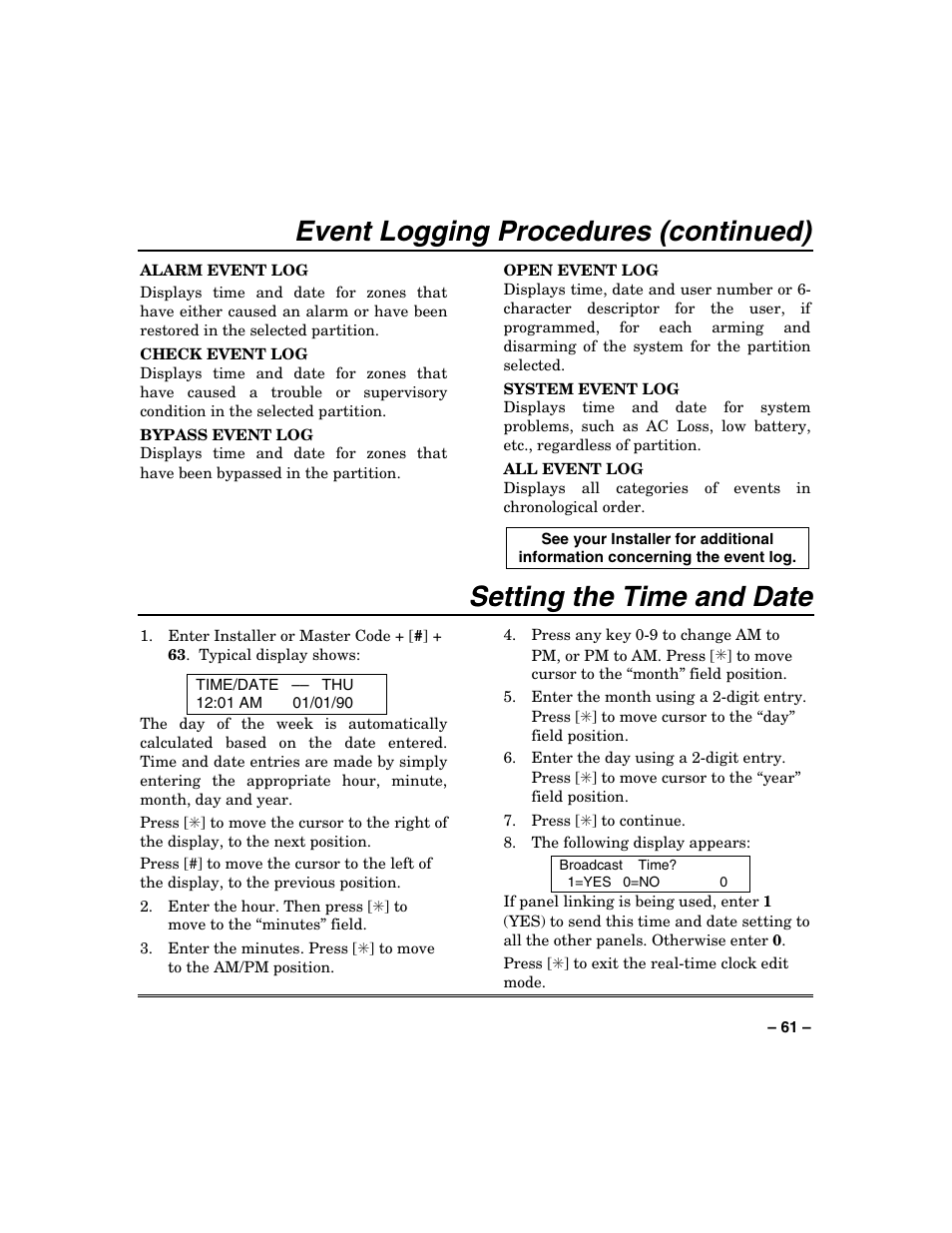 Event logging procedures (continued), Setting the time and date | Honeywell VISTA-250BP User Manual | Page 61 / 80