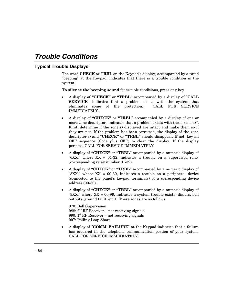 Trouble conditions | Honeywell VISTA-250BP User Manual | Page 64 / 80