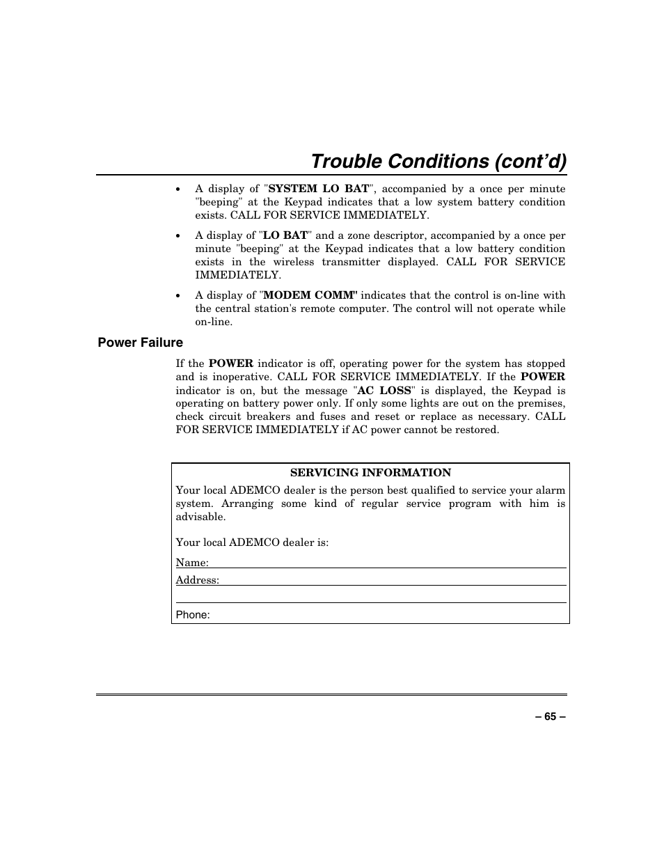 Trouble conditions (cont’d) | Honeywell VISTA-250BP User Manual | Page 65 / 80