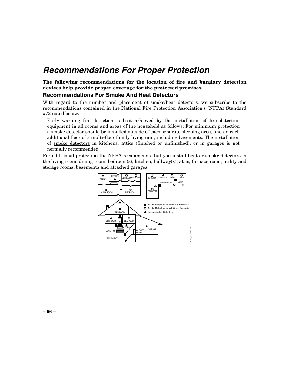 Recommendations for proper protection, Recommendations for smoke and heat detectors | Honeywell VISTA-250BP User Manual | Page 66 / 80