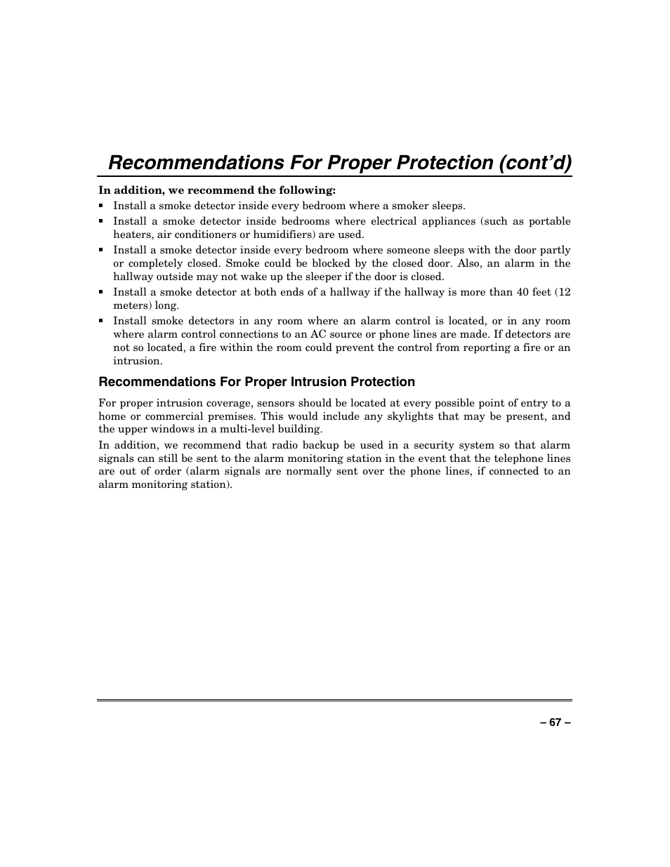 Recommendations for proper protection (cont’d) | Honeywell VISTA-250BP User Manual | Page 67 / 80