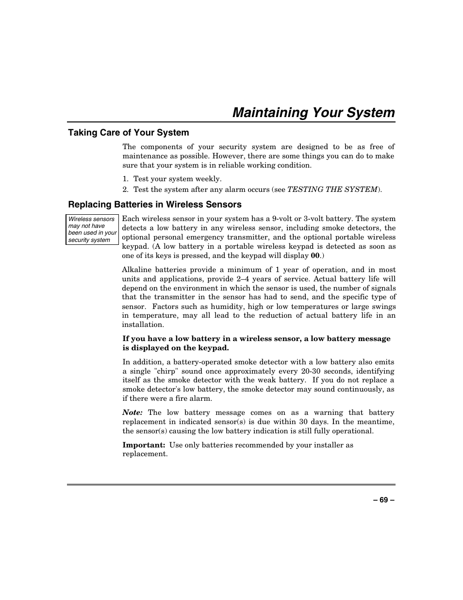 Maintaining your system | Honeywell VISTA-250BP User Manual | Page 69 / 80