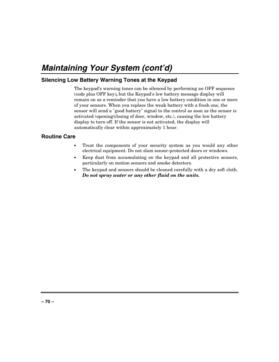 Maintaining your system (cont’d) | Honeywell VISTA-250BP User Manual | Page 70 / 80