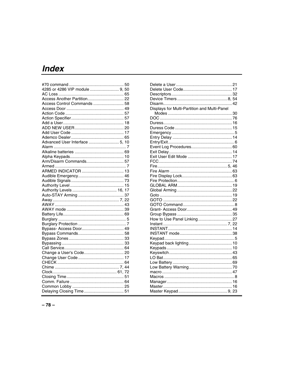 Index | Honeywell VISTA-250BP User Manual | Page 78 / 80