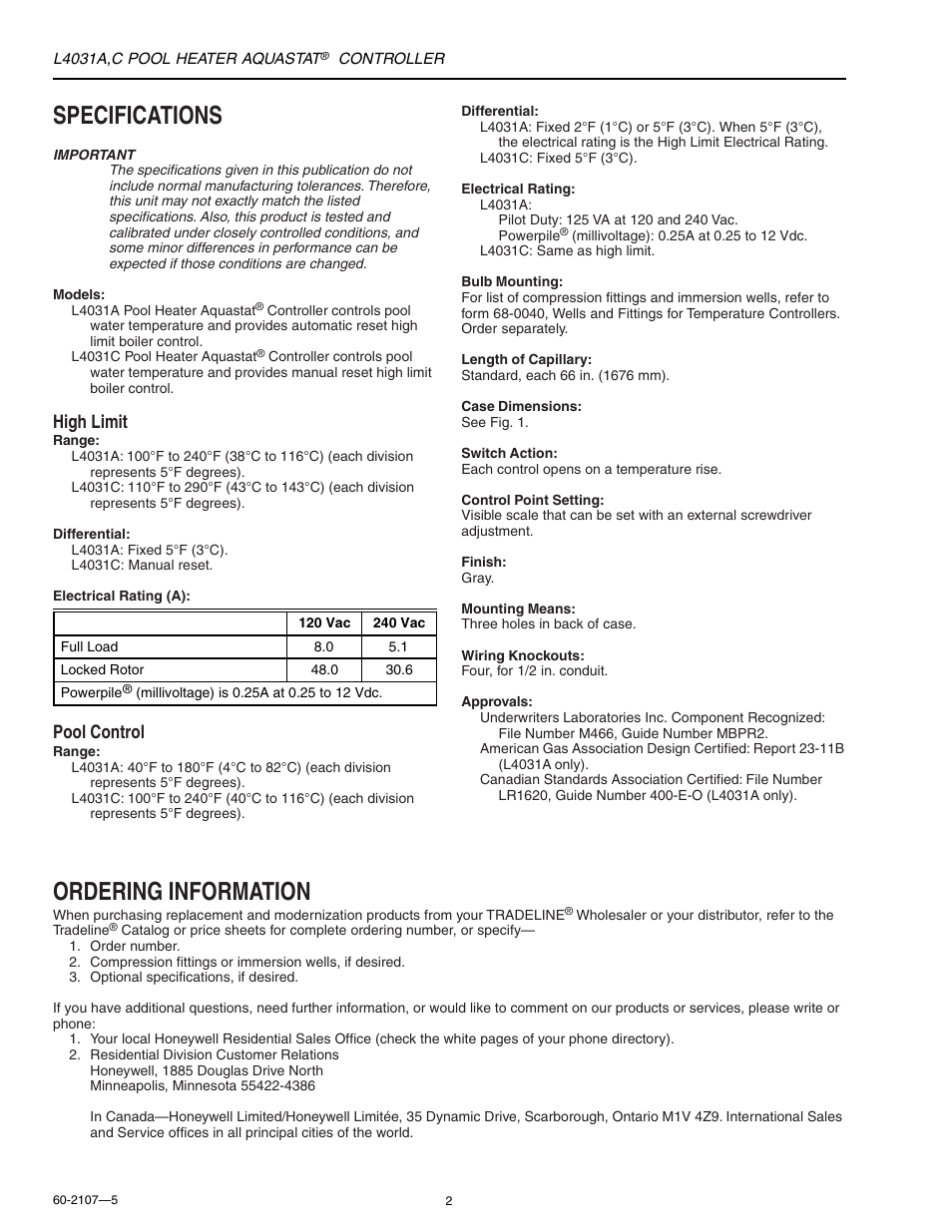 Specifications, Ordering information, High limit | Pool control | Honeywell L4031A User Manual | Page 2 / 12