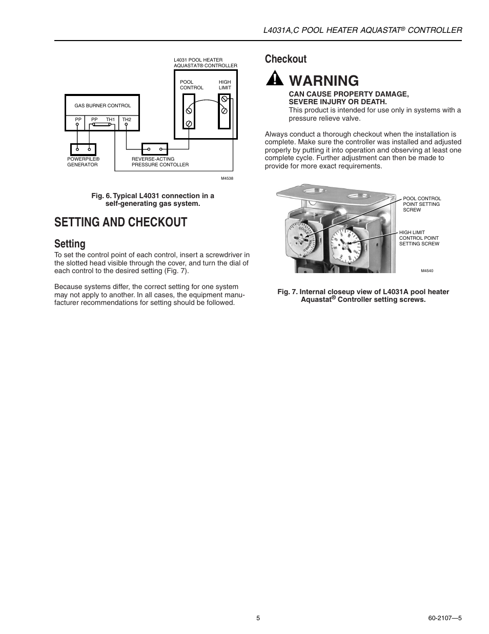Warning, Setting and checkout, Setting | Checkout | Honeywell L4031A User Manual | Page 5 / 12