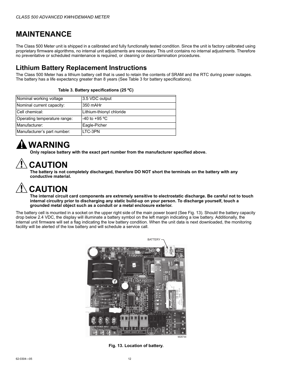 Maintenance, Lithium battery replacement instructions, Warning | Caution | Honeywell 500 User Manual | Page 12 / 16