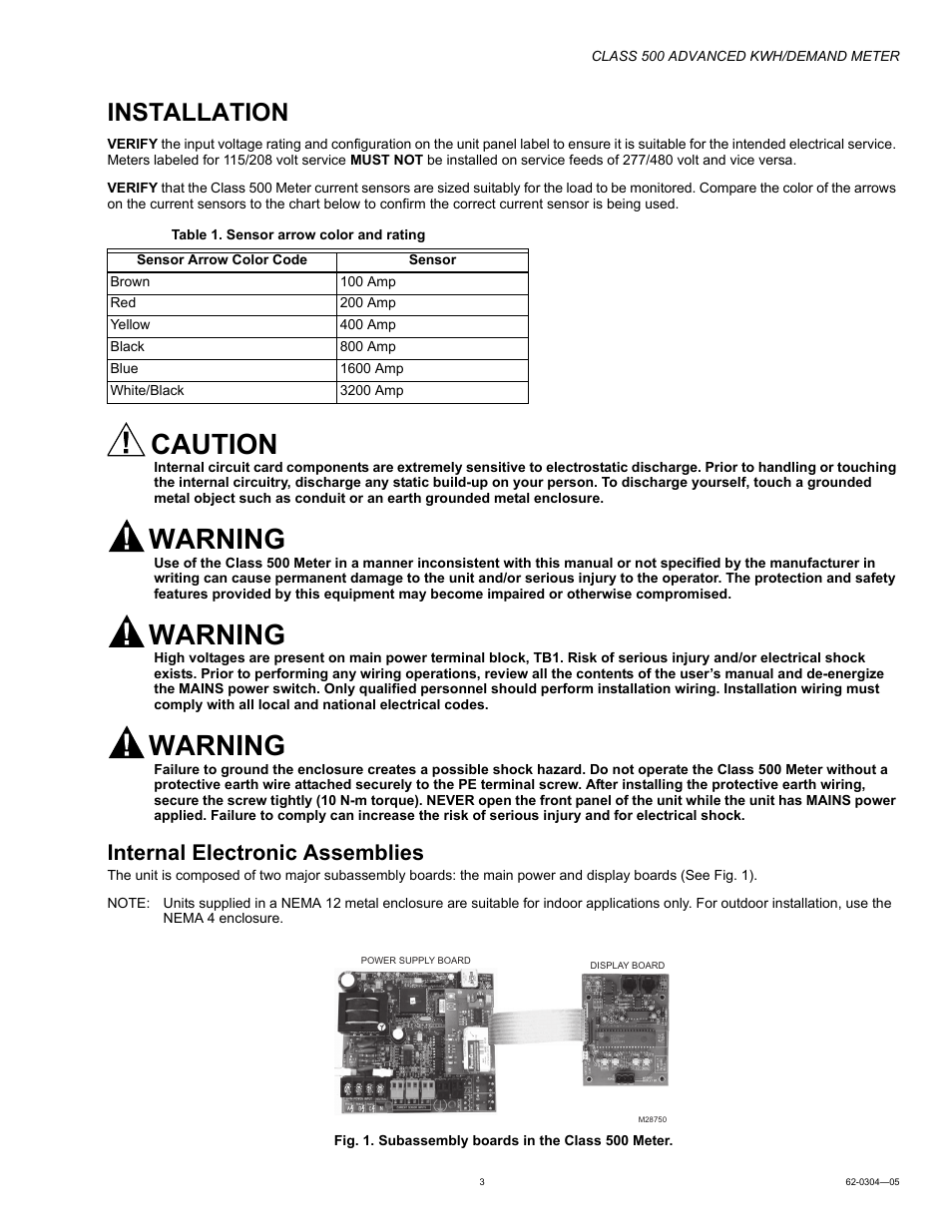 Installation, Internal electronic assemblies, Caution | Warning | Honeywell 500 User Manual | Page 3 / 16