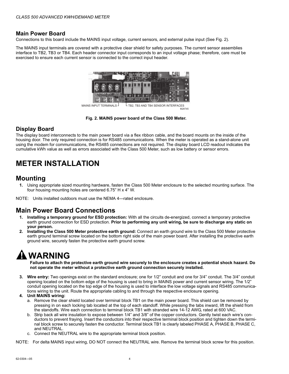 Meter installation, Mounting, Main power board connections | Warning, Main power board, Display board | Honeywell 500 User Manual | Page 4 / 16