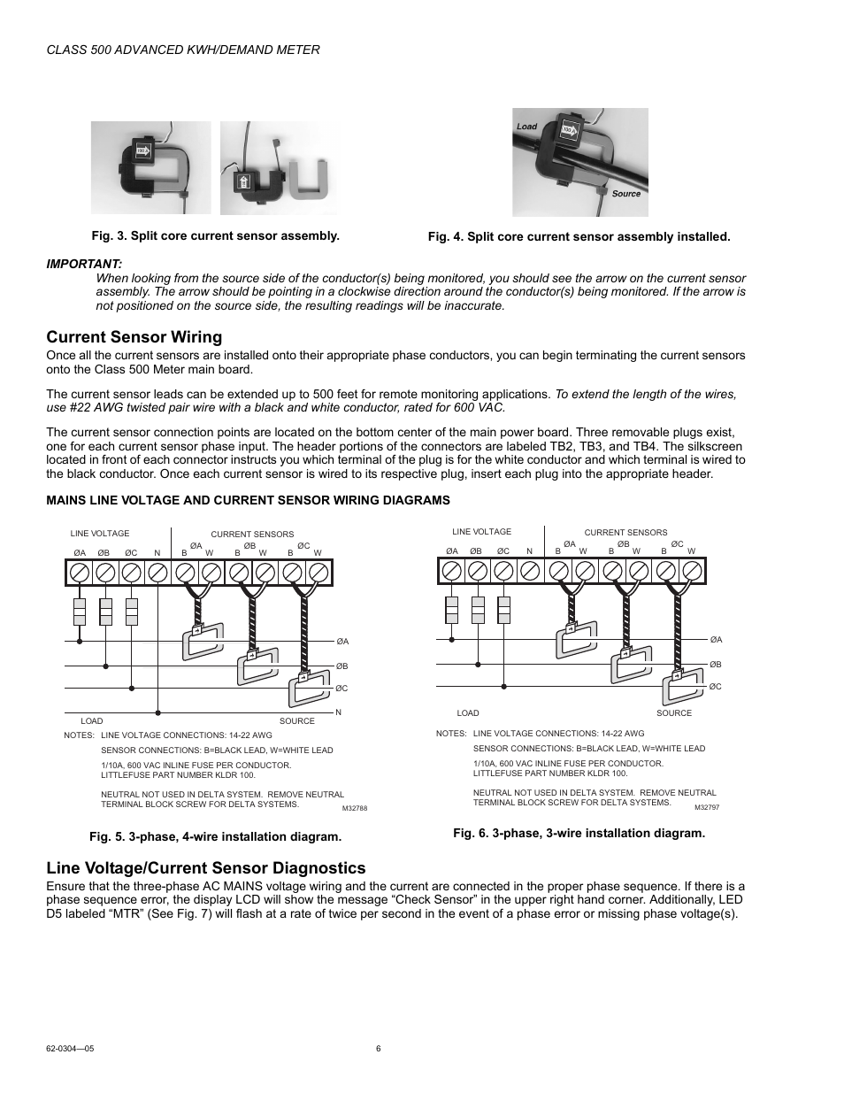 Current sensor wiring, Line voltage/current sensor diagnostics, Class 500 advanced kwh/demand meter | Honeywell 500 User Manual | Page 6 / 16