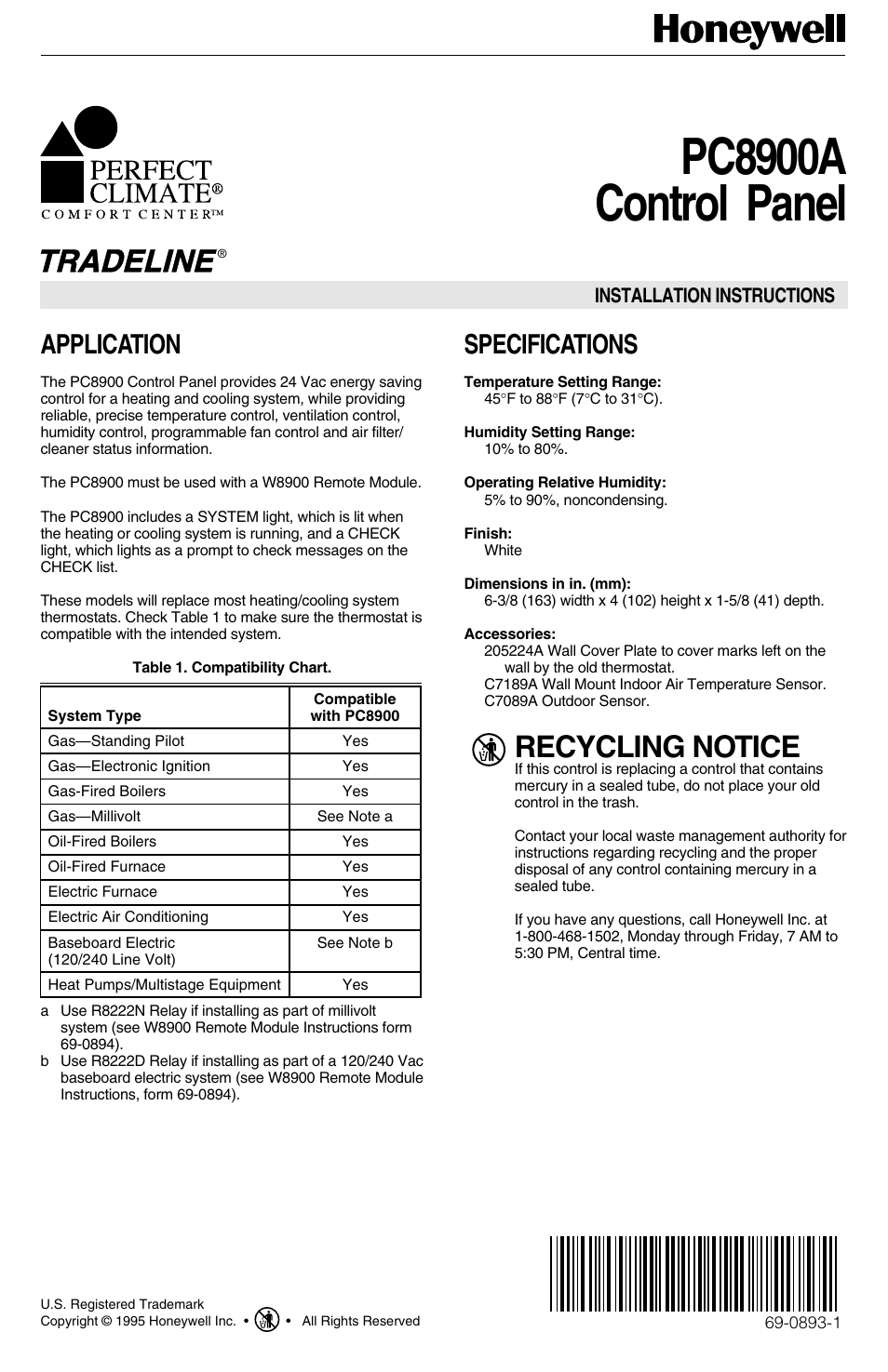 Honeywell PC8900A User Manual | 4 pages