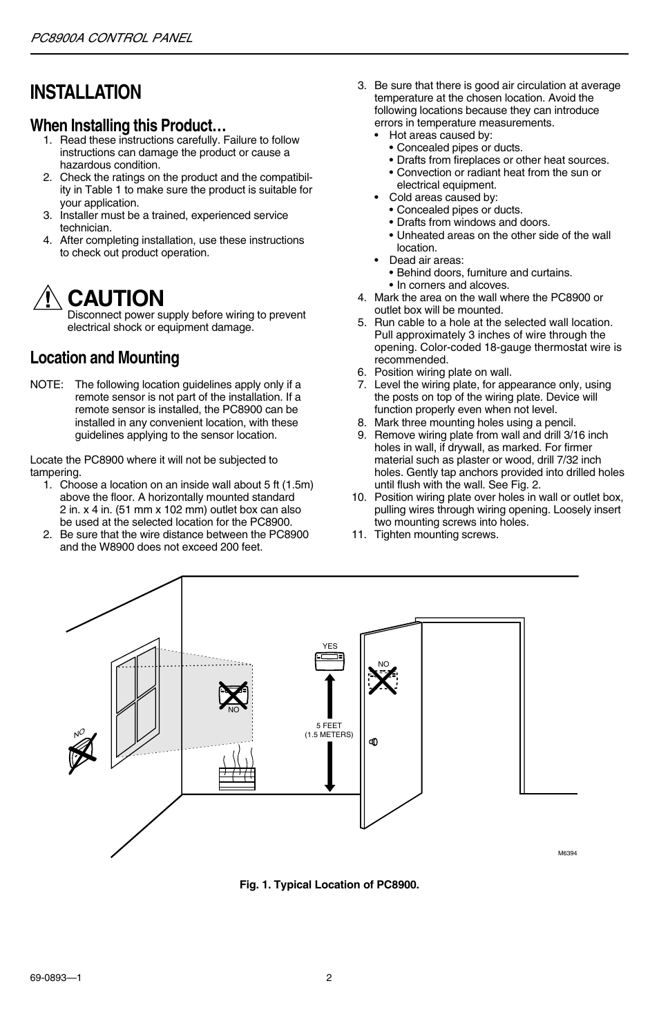 Caution, Installation, When installing this product | Location and mounting | Honeywell PC8900A User Manual | Page 2 / 4