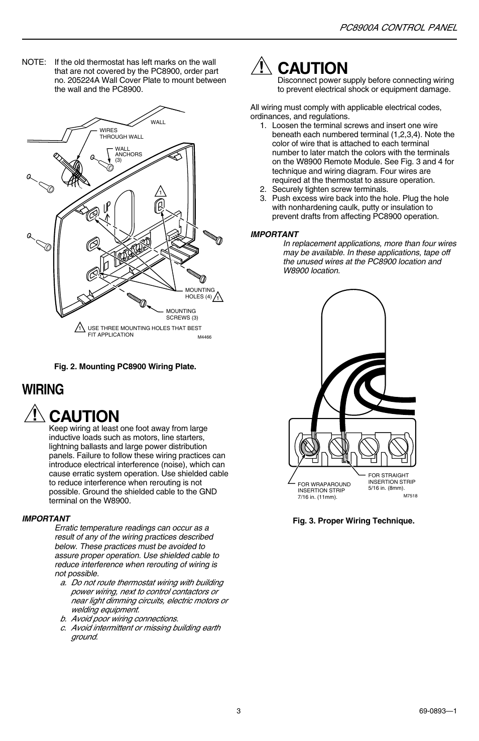 Caution, Wiring, Pc8900a control panel | Honeywell PC8900A User Manual | Page 3 / 4