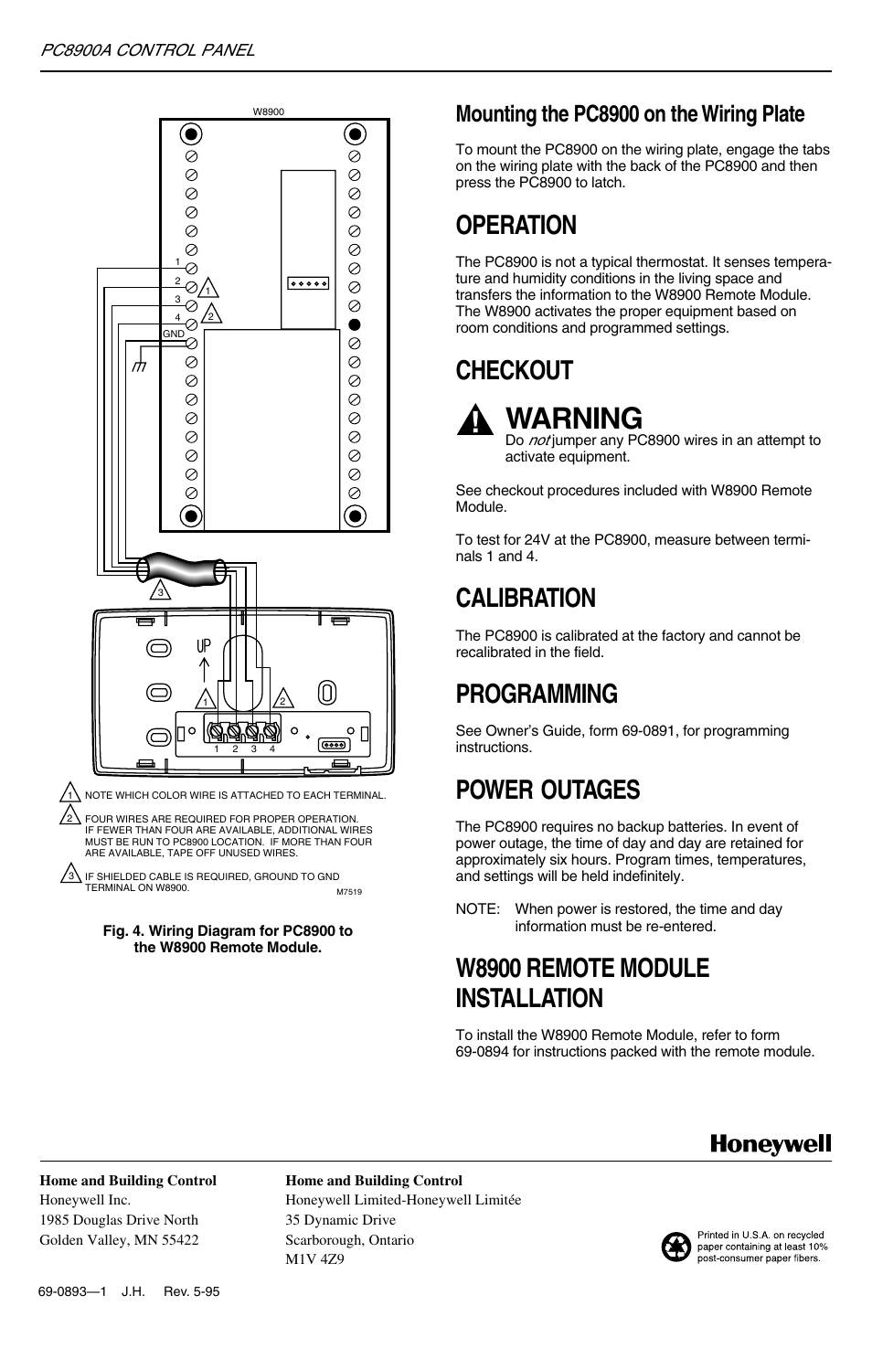 Warning, Operation, Checkout | Calibration, Programming, Power outages, W8900 remote module installation, Mounting the pc8900 on the wiring plate, Pc8900a control panel | Honeywell PC8900A User Manual | Page 4 / 4