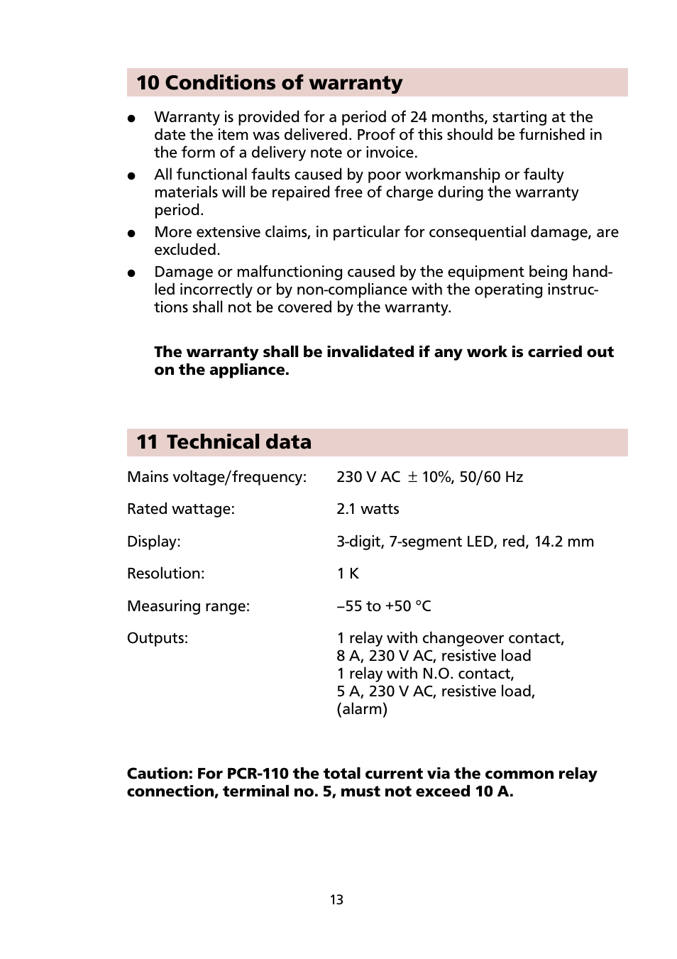 10 conditions of warranty, 11 technical data | Honeywell PCR-110 User Manual | Page 13 / 16