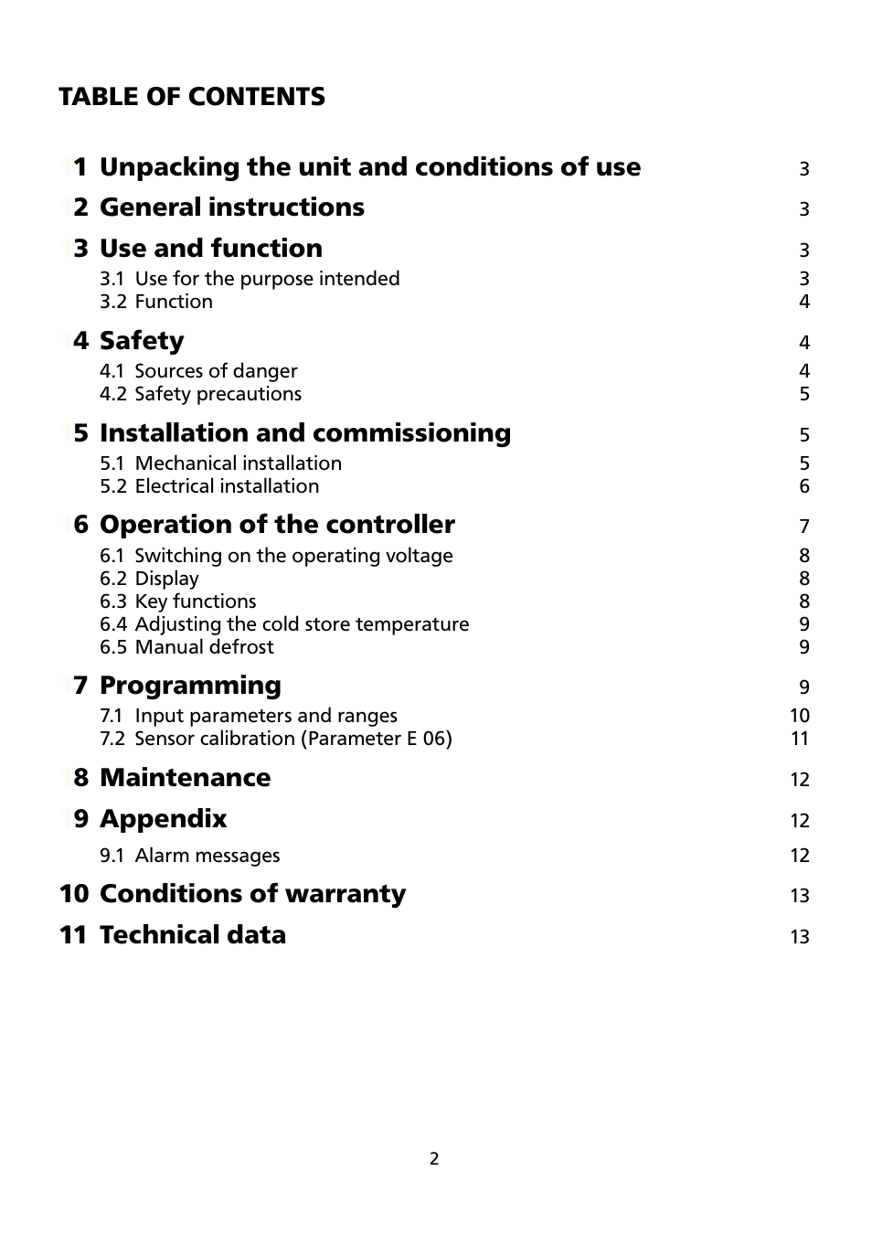 12 general instructions, 13 use and function, 14 safety | 15 installation and commissioning, 16 operation of the controller, 17 programming, 18 maintenance, 19 appendix, 10 conditions of warranty, 11 technical data | Honeywell PCR-110 User Manual | Page 2 / 16
