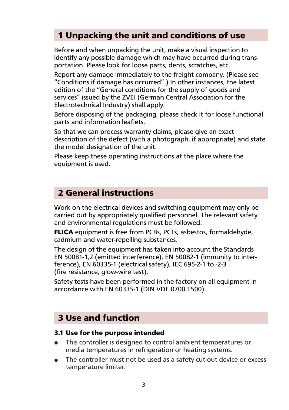 1 unpacking the unit and conditions of use, 2 general instructions, 3 use and function | Honeywell PCR-110 User Manual | Page 3 / 16