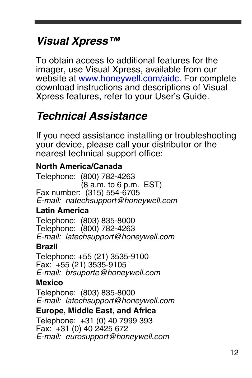 Visual xpress, Technical assistance | Honeywell 4600g User Manual | Page 13 / 20