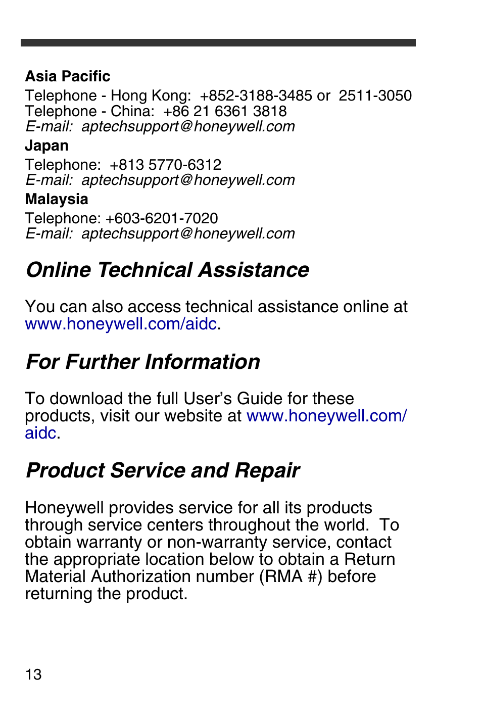 Online technical assistance, For further information, Product service and repair | Honeywell 4600g User Manual | Page 14 / 20