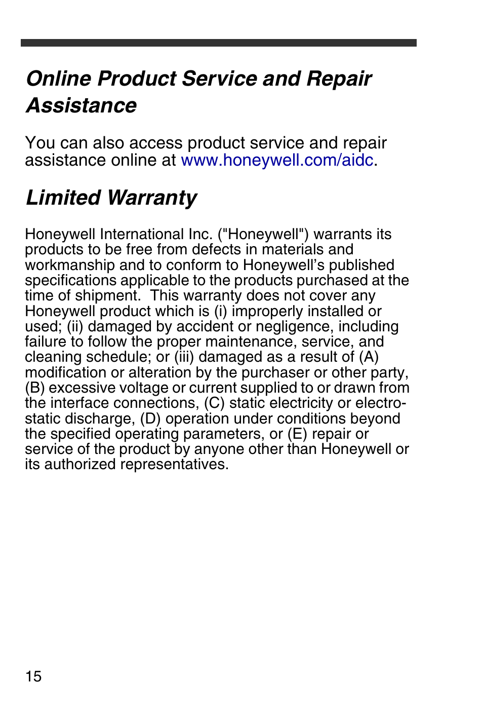 Online product service and repair assistance, Limited warranty | Honeywell 4600g User Manual | Page 16 / 20