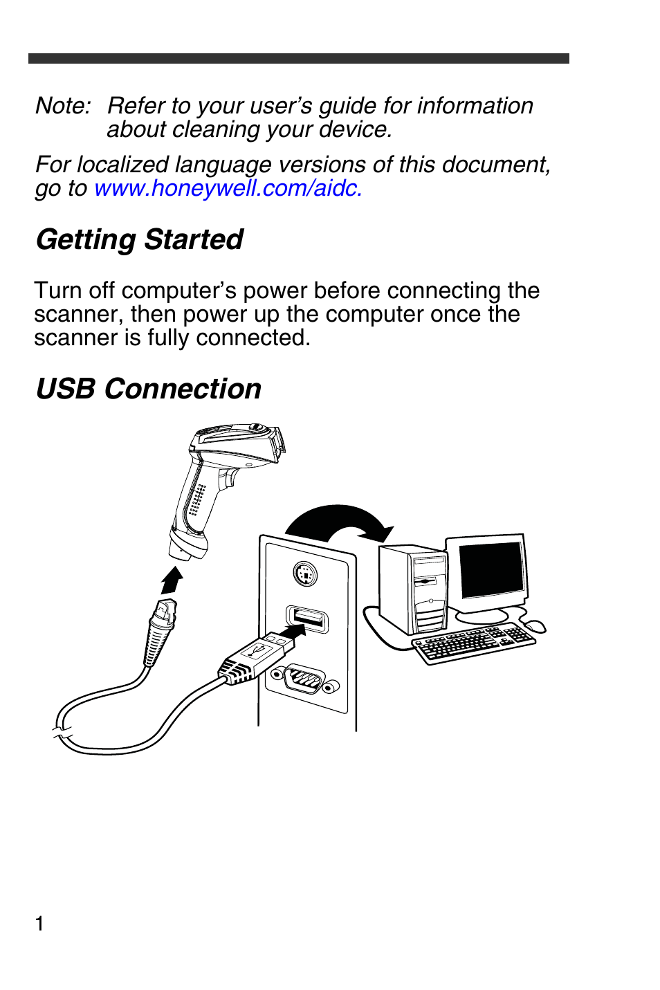 Getting started, Usb connection | Honeywell 4600g User Manual | Page 2 / 20