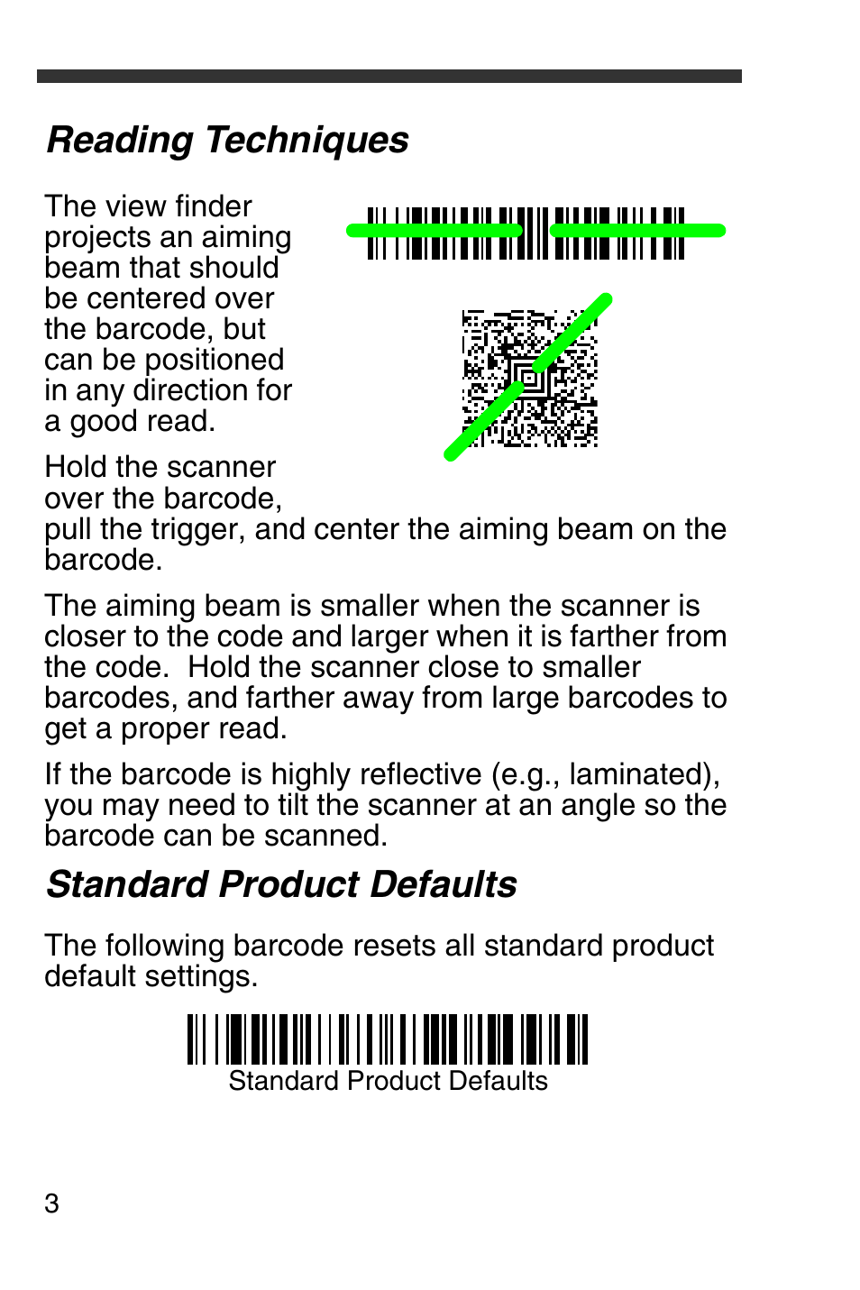 Reading techniques, Standard product defaults | Honeywell 4600g User Manual | Page 4 / 20