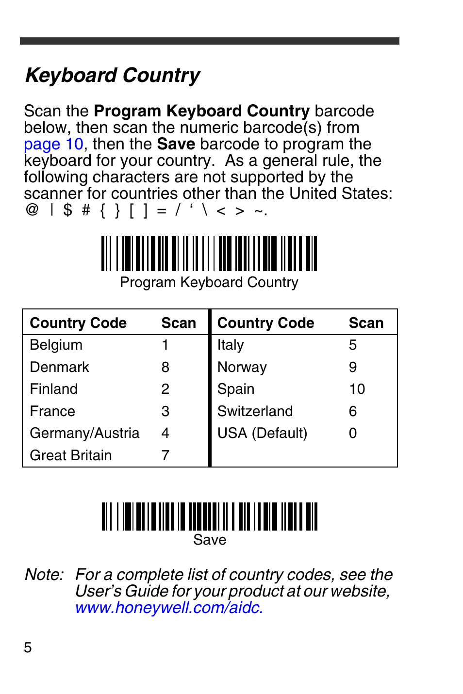 Keyboard country | Honeywell 4600g User Manual | Page 6 / 20