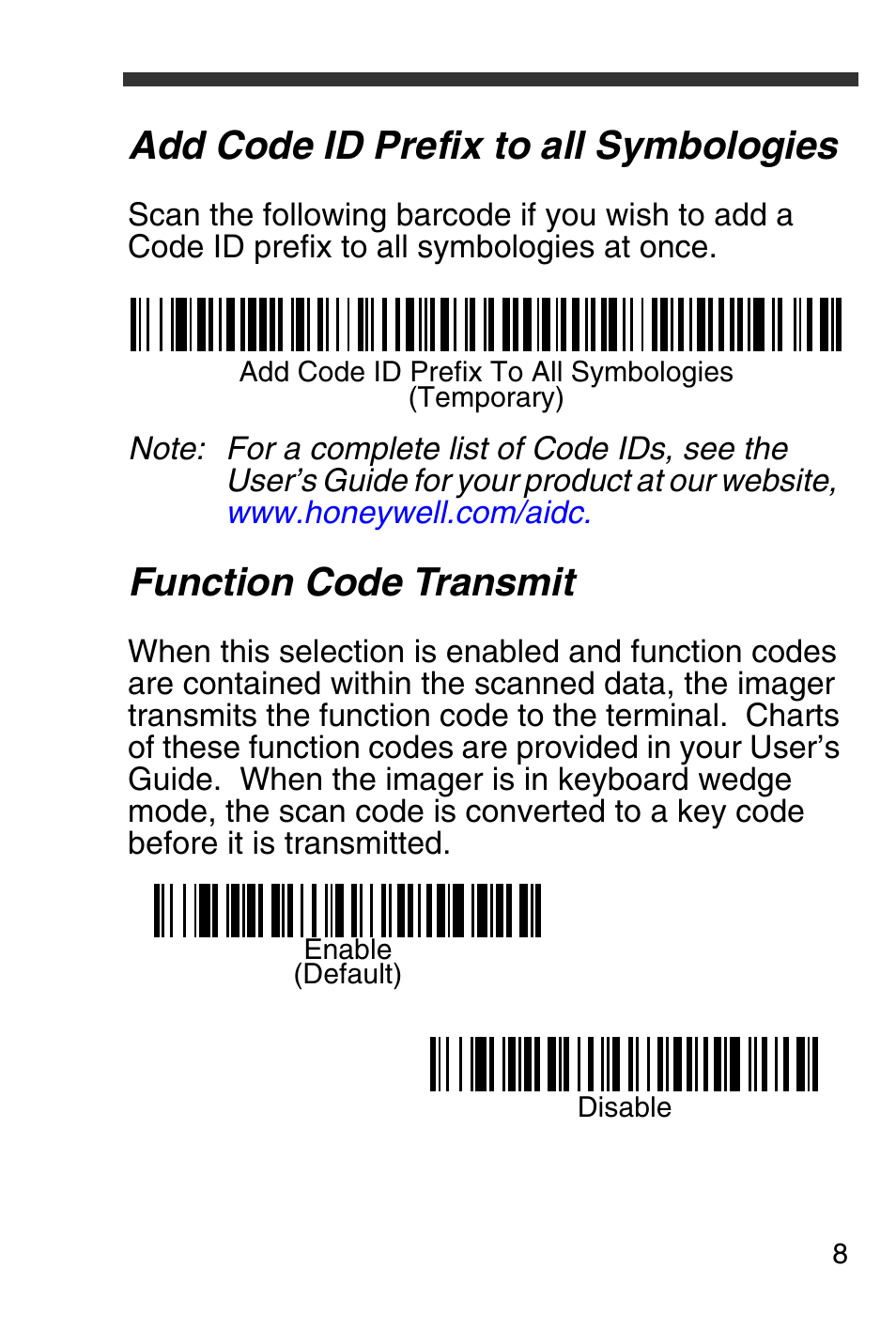 Add code id prefix to all symbologies, Function code transmit | Honeywell 4600g User Manual | Page 9 / 20