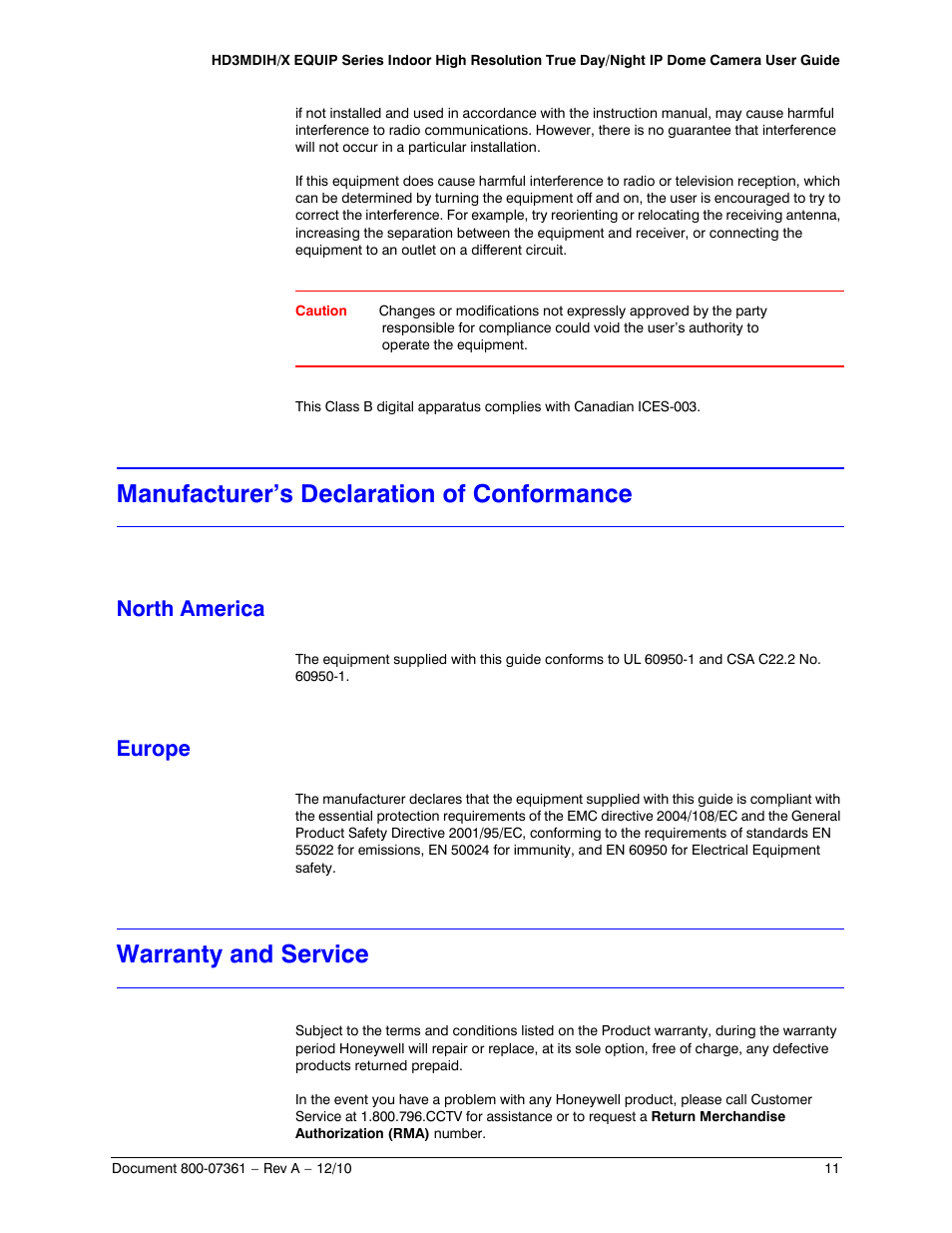 Manufacturer’s declaration of conformance, North america, Europe | Warranty and service, North america europe | Honeywell EQUIP HD3MDIHX User Manual | Page 11 / 80