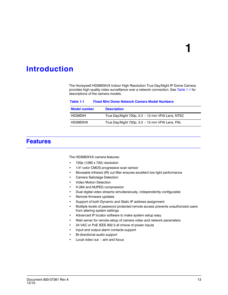 Introduction 1, Features, Introduction | Table 1-1, Fixed mini dome network camera model numbers, Chapter 1, introduction, Introduces your hd3m | Honeywell EQUIP HD3MDIHX User Manual | Page 13 / 80