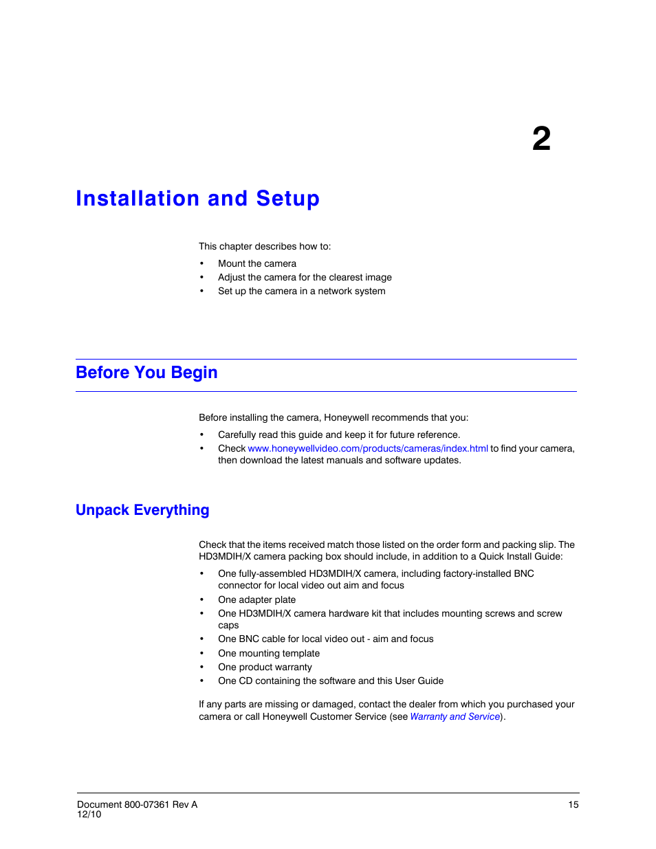 Installation and setup 2, Before you begin, Unpack everything | Installation and setup, Chapter 2, installation and setup | Honeywell EQUIP HD3MDIHX User Manual | Page 15 / 80