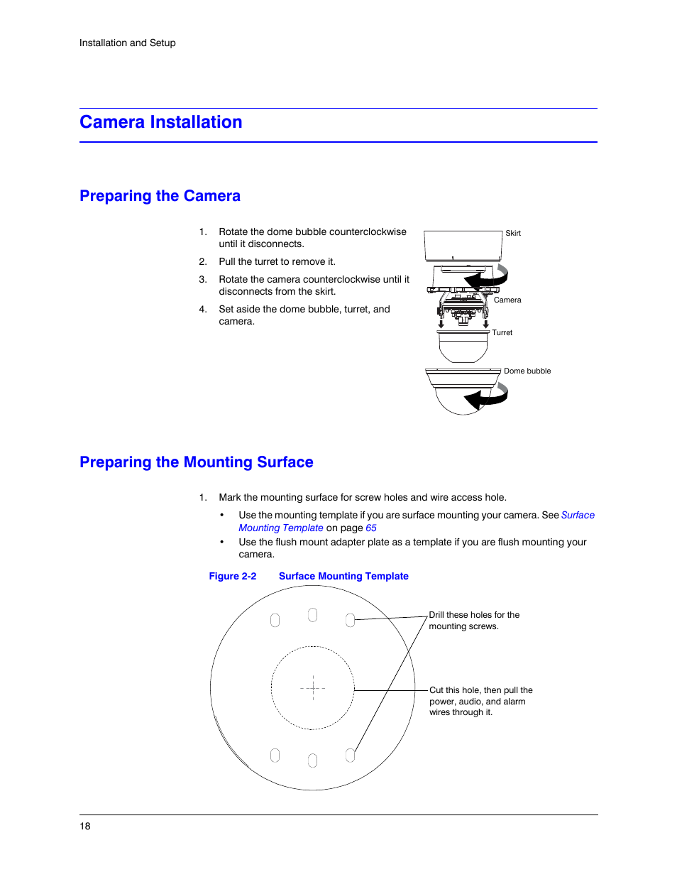 Camera installation, Preparing the camera, Preparing the mounting surface | Figure 2-2, Surface mounting template | Honeywell EQUIP HD3MDIHX User Manual | Page 18 / 80