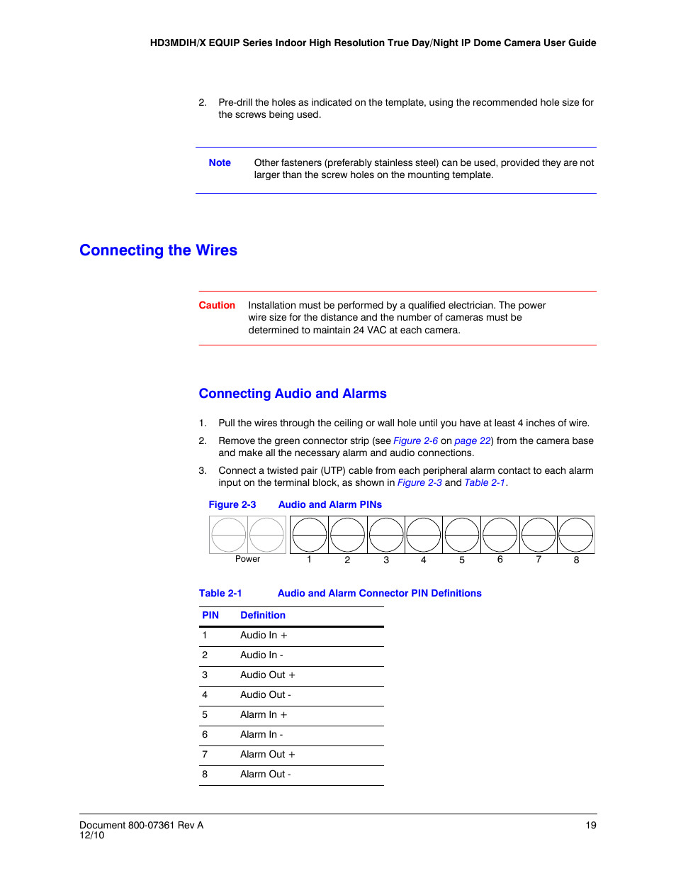 Connecting the wires, Connecting audio and alarms, Figure 2-3 | Audio and alarm pins, Table 2-1, Audio and alarm connector pin definitions | Honeywell EQUIP HD3MDIHX User Manual | Page 19 / 80